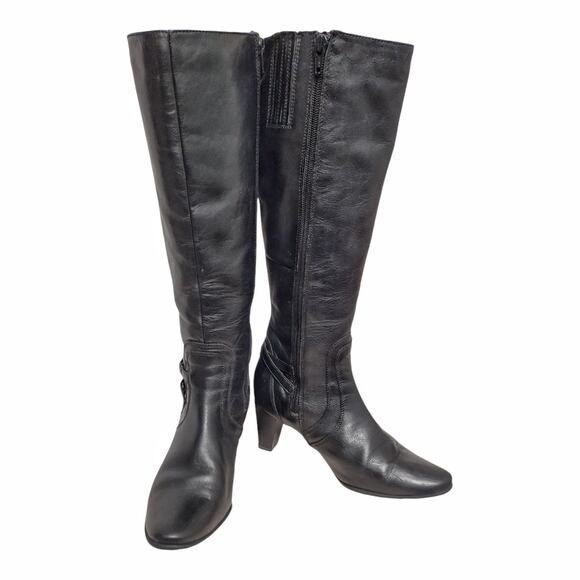 JOMET D Knee High Black Leather Boots US Sz 8.5 Stretch Calf Opening EU Size 39 - Picture 1 of 16